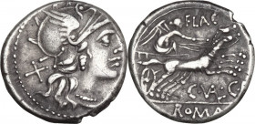 C. Valerius C.f. Flaccus. AR Denarius, 140 BC. Obv. Helmeted head of Roma right; X behind. Rev. Victory in biga right, FLAC above, C. VAL. C.F. below ...