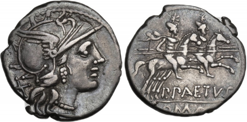 P. Aelius Paetus. AR Denarius, 138 BC. Obv. Helmeted head of Roma right; behind,...