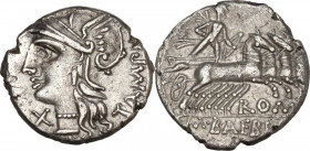 M. Baebius Q. f. Tampilus. AR Denarius, 137 BC. Obv. Helmeted head of Roma left. Rev. Apollo in quadriga right holding bow and arrow; below, ROMA; in ...