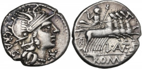 L. Antestius Gragulus. AR Denarius, 136 BC. Obv. Helmeted head of Roma right; below chin, X; behind head, GRAG. Rev. Jupiter in quafriga right, L. ANT...