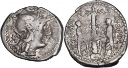 Ti. Minucius Augurinus. AR Denarius, 134 BC. Obv. Helmeted head of Roma right; behind, barred X. Rev. Spiral column surmounted by statue holding staff...