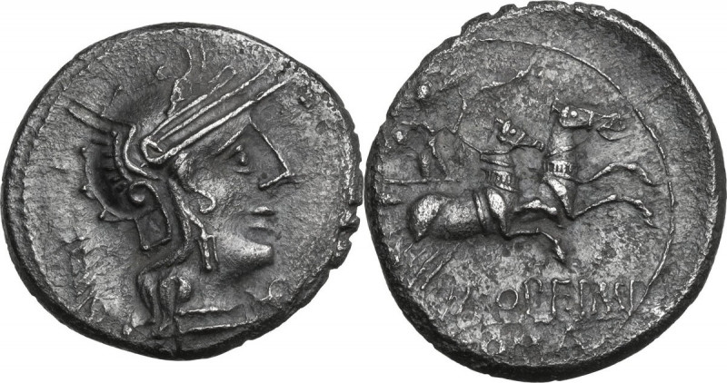 M. Opimius. AR Denarius, 131 BC. Obv. Helmeted head of Roma right; behind, tripo...