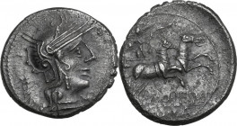 M. Opimius. AR Denarius, 131 BC. Obv. Helmeted head of Roma right; behind, tripod; below chin, barred X. Rev. Apollo in biga right; below, M·OPEIMI; i...
