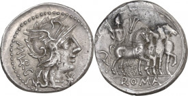 M. Vargunteius. AR Denarius, 130 BC. Obv. Helmeted head of Roma right, M. VARG behind, XVI monogram below chin. Rev. Jupiter in walking quadriga right...