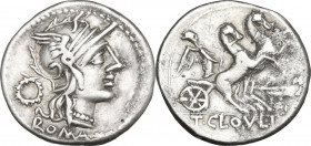 T. Cloelius. AR Denarius, 128 BC. Obv. Helmeted head of Roma right; behind, wreath; below, ROMA. Rev. Victory in biga right; below horses, ear of corn...