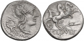 T. Cloelius. AR Denarius, 128 BC. Obv. Head of Roma right, helmeted; behind, wreath. Rev. Victoria in biga right; below, corn-ear. Cr. 260/1. AR. 3.87...