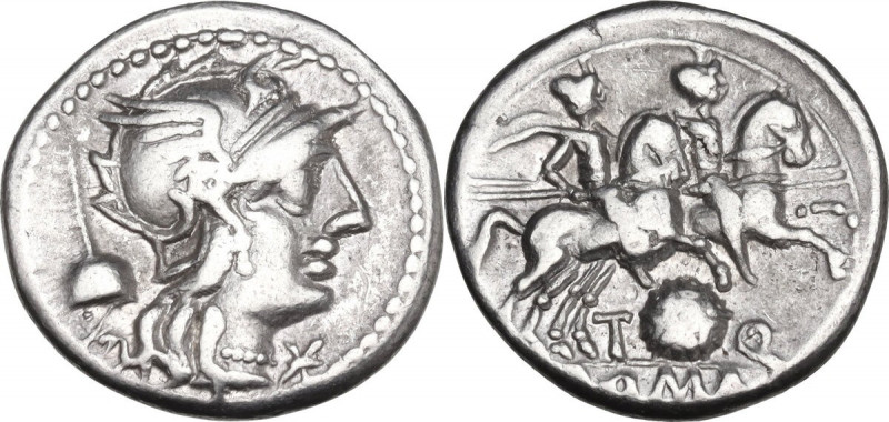 L. Manlius Torquatus. AR Denarius, mint moving with Sulla, 82 BC. Obv. Helmeted ...