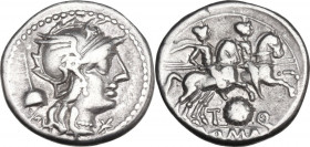 L. Manlius Torquatus. AR Denarius, mint moving with Sulla, 82 BC. Obv. Helmeted head of Roma right; on the left, L·M; on the right, ANLI·PROQ. Rev. Tr...