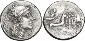 M. Papirius Carbo. AR Denarius, 122 BC. Obv. Helmeted head of Roma right; behind, branch; below chin, X. Rev. Jupiter in quadriga right; below, M·CARB...