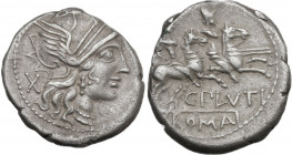 C. Plutius. AR Denarius, 121 BC. Obv. Helmeted head of Roma right; behind, X. Rev. The Dioscuri galloping right; below, C. PLVTI; in exergue, ROMA (pa...