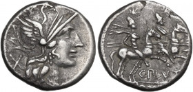 C. Plutius. AR Denarius, 121 BC. Obv. Helmeted head of Roma right; behind, X. Rev. The Dioscuri galloping right; below, C. PLVTI; in exergue, ROMA. Cr...