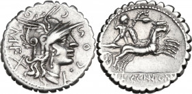 Cn. Domitius Ahenobarbus, L. Licinius Crassus, L. Pomponius. AR Denarius serratus, 118 BC. Obv. Head of Roma right, helmeted. Rev. Gaulish warrior in ...