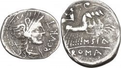 Q. Curtius. AR Denarius, 116-115 BC. Obv. Helmeted head of Roma right, X behind, Q. CVRT before. Rev. Jupiter in galloping quadriga right, M. SILA bel...