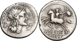 M. Sergius Silus. AR Denarius, 116 or 115 BC. Obv. Helmeted head of Roma right. Rev. Horseman galloping left, holding sword and severed head; below, Q...
