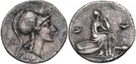 Anonymous. AR Denarius, 115-114 BC. Obv. Helmeted head of Roma right, wearing winged Corinthian helmet; behind, X and below, ROMA. Rev. Roma seated ri...