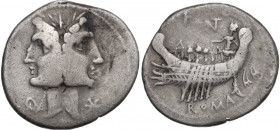 C. Fonteius. AR Denarius 114-113 BC. Obv. Laureate Janiform head of Dioscuri; on left, I and on right, X. Rev. C. FONT. Galley with pilot and three ro...