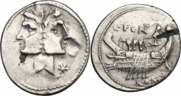 C. Fonteius. AR Fourrée Denarius, 114 or 113 BC. Obv. Laureate Janiform head of Dioscuri; on left, control-mark; on right, barred X. Rev. Galley with ...