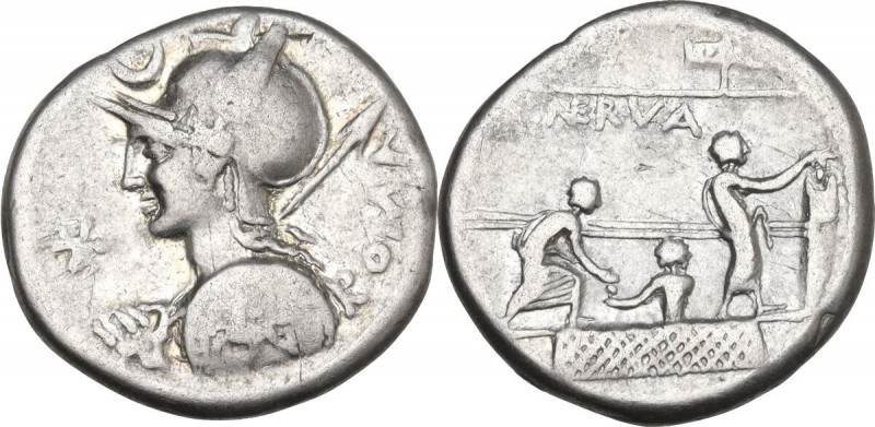 P. Nerva. AR Denarius, 113-112 BC. Obv. Helmeted bust of Roma left, holding shie...