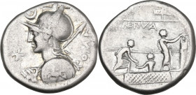 P. Nerva. AR Denarius, 113-112 BC. Obv. Helmeted bust of Roma left, holding shield in left hand and spear over shoulder in right; in left field, barre...