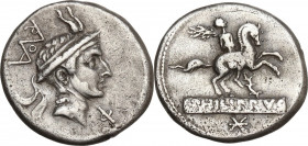 L. Philippus. AR Denarius, 113 or 112 BC. Obv. Head of Philip V of Macedonia right, wearing helmet with goat's horns. Rev. Equestrian statue right; ba...