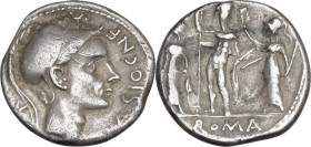 Cn. Blasio Cn.f. AR Denarius, 112-111 BC. Obv. Helmeted head right (Scipio Africanus the Elder or Blasio?); above, barred X; behind, tripod; before, C...