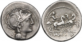 Appius Claudius Pulcher, T Manlius Mancinus and Q. Urbinius. AR Denarius, 111-110 BC. Obv. Helmeted head of Roma right. Rev. Victory in triga right; i...