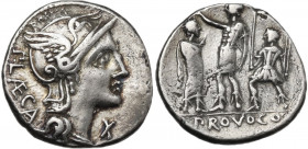 P. Porcius Laeca. AR Denarius, 110-109 BC. Obv. Helmeted head of Roma right. Rev. Figure in military dress standing left, raising right hand; to left,...