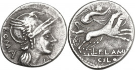 L. Flaminius Chilo. AR Denarius, 109 or 108 BC. Obv. Helmeted head of Roma right; behind, ROMA; below chin, X. Rev. Victory in biga right; below, L·FL...