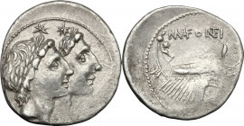 Mn. Fonteius. AR Denarius, 108-107 BC. Obv. Jugate and laureate heads of Dioscuri right; below their chins, X. Rev. Ship right; above, MN FONTEI; belo...