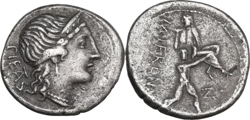 M. Herennius. AR Denarius, 108-107 BC. Obv. Diademed head of Pietas right. Rev. ...