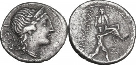 M. Herennius. AR Denarius, 108-107 BC. Obv. Diademed head of Pietas right. Rev. One of the Catanean brothers running right, carrying his father on his...