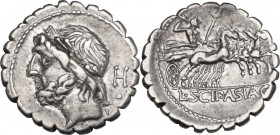 L. Cornelius Scipio Asiagenus. AR Denarius serratus, 106 BC. Obv. Head of Jupiter left, laureate; behind, H and dot. Rev. Jupiter in quadriga right, h...