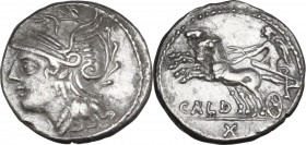C. Coelius Caldus. AR Denarius, 104 BC. Obv. Helmeted head of Roma left. Rev. Victory in biga left; below horses, CALD; in exergue, X. Cr. 318/1b; B. ...
