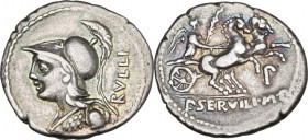 P. Servilius M.f. Rullus. AR Denarius, 100 BC. Obv. Bust of Minerva left, wearing crested Corinthian helmet and aegis; behind RVLLI. Rev. Victory in b...