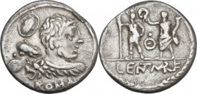 Pub. Lentulus Marceli f. AR Denarius, 100 BC. Obv. Bust of Hercules right, seen from behind, club over far shoulder; on left, shield and control-mark;...