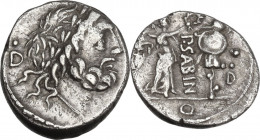 P. Vettius Sabinus. Quinarius, 99 BC. Obv. Laureate head of Jupiter right; behind, dot over D. Rev. Victory standing right, crowning trophy, dot over ...