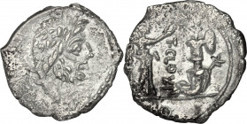 T. Cloelius. AR Quinarius, 98 BC. Obv. Head of Jupiter right, laureate. Rev. Victory right, crowning trophy; before trophy, captive; beside, carnyx. C...