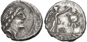 C. Egnatuleius. Quinarius, Rome mint, 97 BC. Obv. Laureate head of Apollo right. Rev. Victory left inscribing shield attached to trophy; beside trophy...