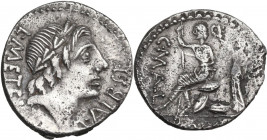 C. Publicius Malleolus, A. Postumius Sp. f. Albinus and L. Metellus. AR Denarius, late 90s BC. Obv. Laureate head of Apollo right; behind, L·METEL; be...