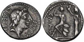 C. Publicius Malleolus, A. Postumius Sp. f. Albinus and L. Metellus. AR Denarius. Obv. Laureate head of Apollo right. Rev. C. MALL. Roma seated left o...