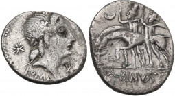 C. Poblicius Malleolus, A. Postumius Sp. f. Albinus and L. Metellus. AR Denarius, 96 BC. Obv. Laureate head of Apollo right; below chin, X; behind, st...
