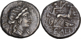 C. Allius Bala. AR Denarius, ca 92 B.C. Obv. BALA. Diademed female head right; below chin, R. Rev. Diana in biga of stags right; with quiver over shou...
