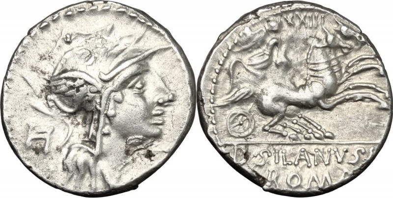 D. Silanus L.f. AR Denarius, 91 BC. Obv. Helmeted head of Roma right; behind, H....