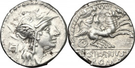 D. Silanus L.f. AR Denarius, 91 BC. Obv. Helmeted head of Roma right; behind, H. Rev. Victory in biga right; above, XXIII; in exergue, D. SILANVS L.F/...