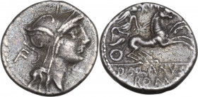 D. Junius Silanus L.f. AR (Fourrèe?) Denarius, 91 BC. Obv. Helmeted head of Roma right. Rev. Victory in biga right. Cr. 337/3; B. (Junia) 15-16. AR?. ...