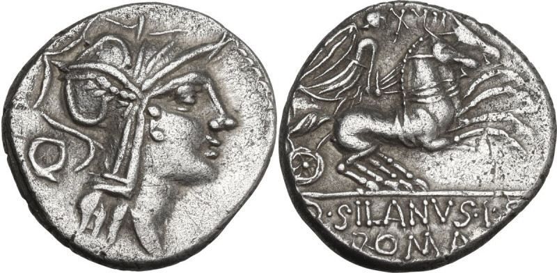 D. Junius Silanus L.f. AR Denarius, 91 BC. Obv. Helmeted head of Roma right. Rev...