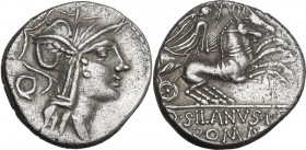 D. Junius Silanus L.f. AR Denarius, 91 BC. Obv. Helmeted head of Roma right. Rev. Victory in biga right. Cr. 337/3; B. (Junia) 15-16. AR. 3.00 g. 17.0...