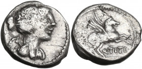 Q. Titius. AR Quinarius, 90 BC. Obv. Draped bust of Victory right. Rev. Pegasus prancing right. Cr. 341/3; B. (Titia) 3. AR. 1.00 g. 13.00 mm. About V...