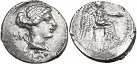 M. Cato. AR Denarius, 89 BC. Obv. Diademed and draped female bust right; behind, ROMA; below neck truncation, M. CATO. Rev. Victory seated right, hold...