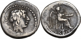 M. Cato. Quinarius, 89 BC. Obv. Head of Liber right, wearing ivy-wreath; behind, M·CATO (AT ligate). Rev. Victory seated right, holding patera and pal...